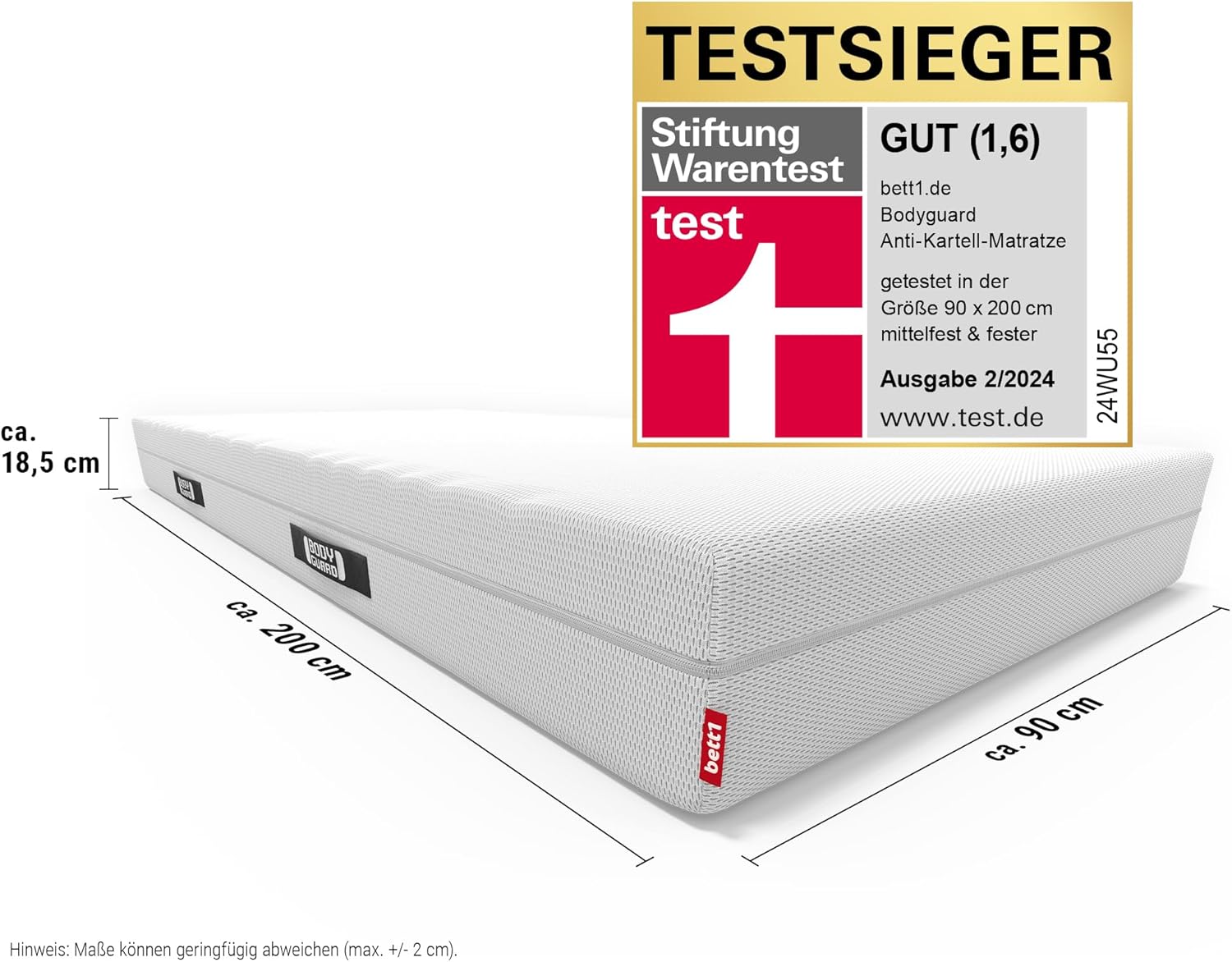 Bodyguard bett1 Anti-Kartell-Matratze | Testsieger Stiftung Warentest: Note 1,6 (Test 2/2024, mittelfest & Fester, 90x200 cm, 2in1 Härtegrade, Bezug waschbar bis 60 Grad, Oeko-TEX 100, QXSchaum)