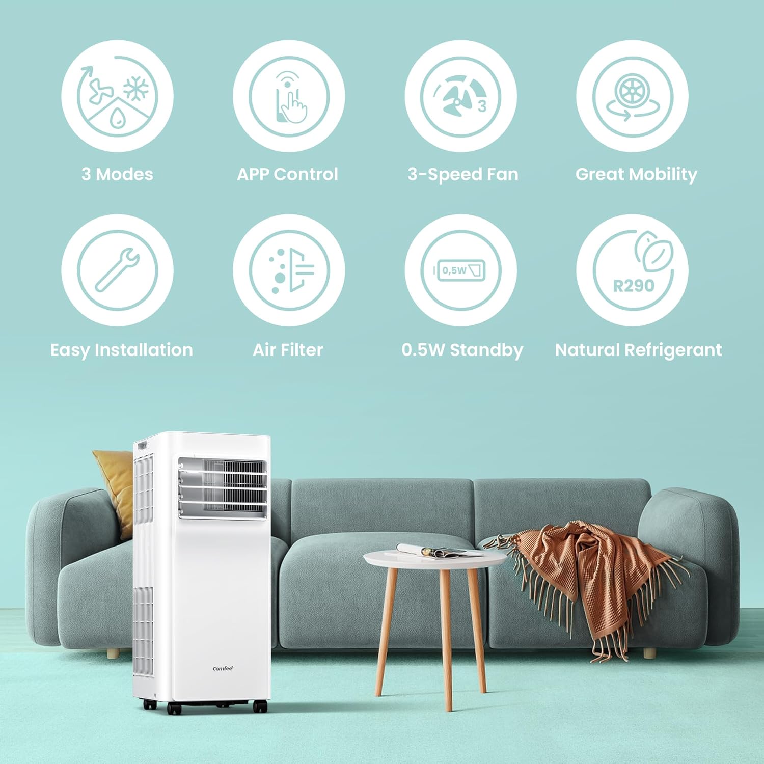 Comfee Mobiles Klimagerät Breezy Cool Pro 2.0,7000 BTU 2,0kW, Kühlen&Ventilieren&Entfeuchten,APP-Steuerung,Raumgröße bis 68m³(25㎡),Mobile Klimaanlage mit Abluftschlauch,