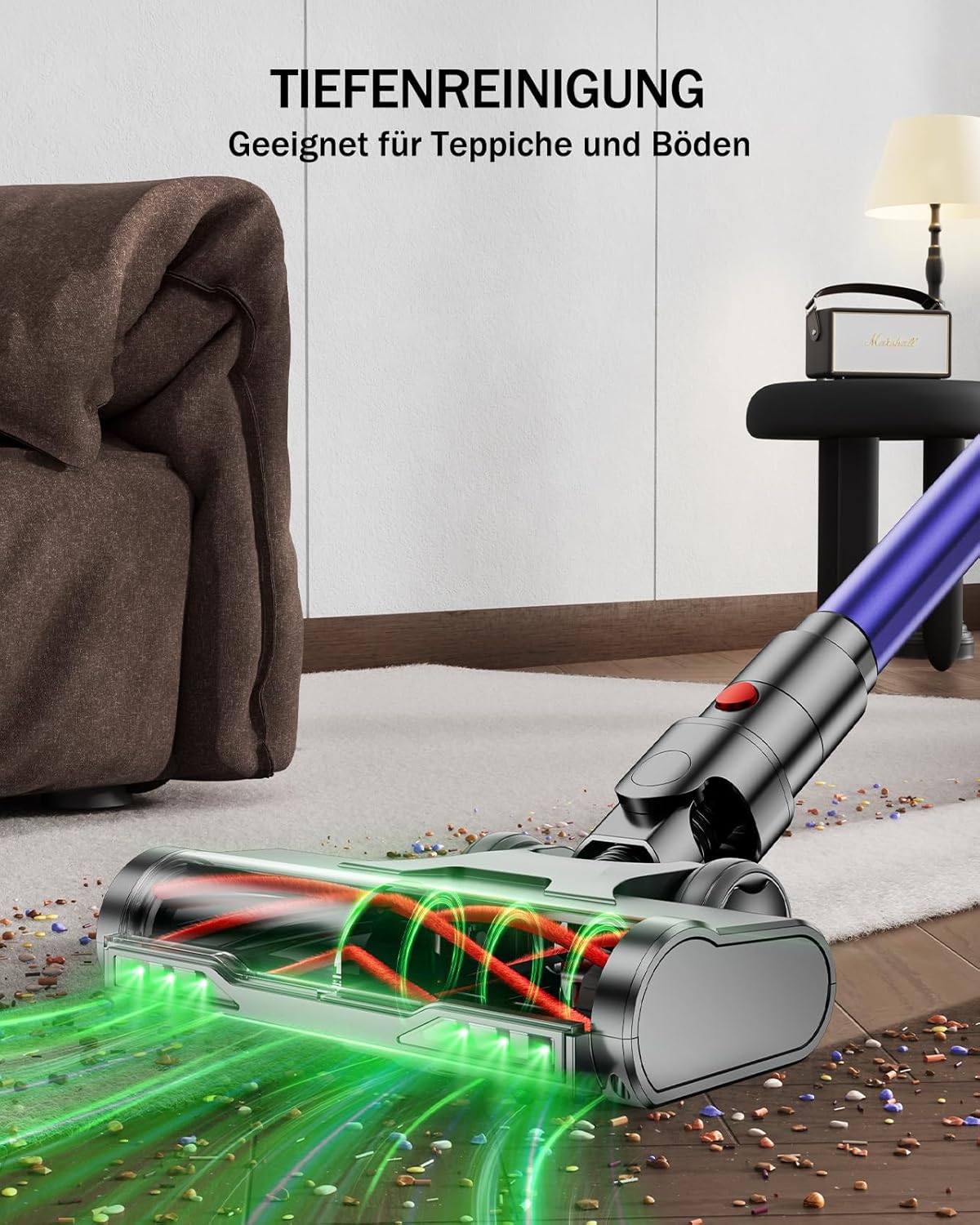 AOLOKO Akku Staubsauger, 48000Pa/550W/70Mins Staubsauger Kabellos mit 1,8L Großer Staubbecher, Wandmontierte Ladestation, 8-stufiges Filtersystem, Grünes Licht für Hartböden Teppiche Tierhaare