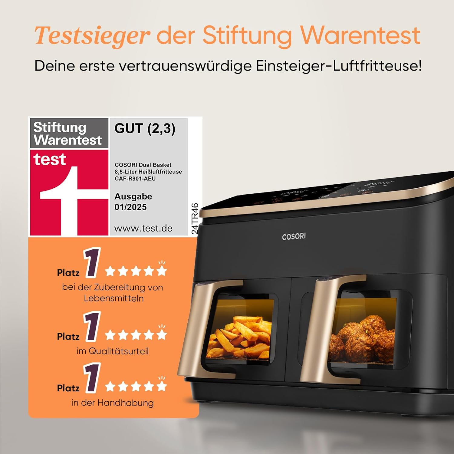 COSORI Heißluftfritteuse 2 Kammern, Airfryer Testsieger der Stiftung Warentest, 6-in-1 Dual Zone Air fryer 8,5 L, Heissluftfritteuse Doppelkammer mit Sichtfenster, energiesparend