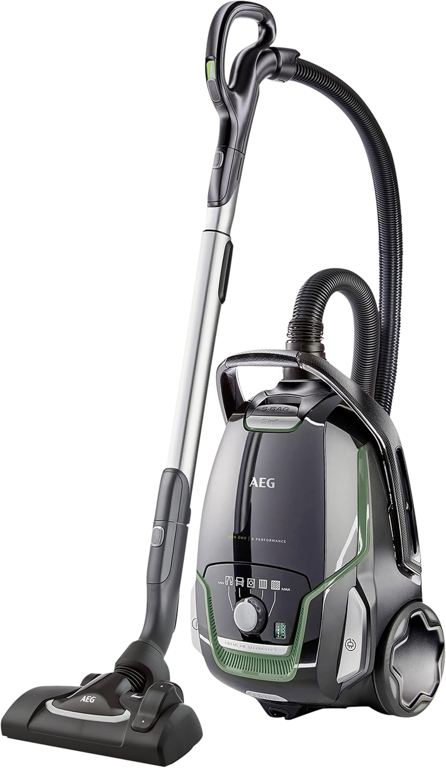AEG Staubsauger mit Beutel, 70% Recyclingmaterial, inkl. Zusatzdüsen, 12 m, 850 Watt, nur 65 dB(A), 5 l Staubbeutelvolumen, Waschbarer Filter, Neue Technische Version, schwarzgrün, VX9-2-ÖKO