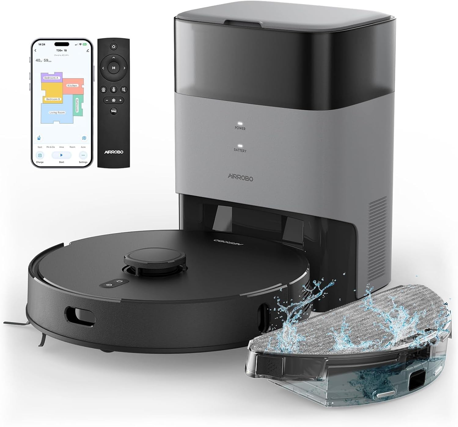 AIRROBO T20+ Saugroboter mit Wischfunktion, 3.5L Staubsauger Roboter mit Absaugstation, 180Min Laufzeit, LiDAR Navigation, Starke Saugkraft ideal für Teppich und Tierhaare, APP Steuerung