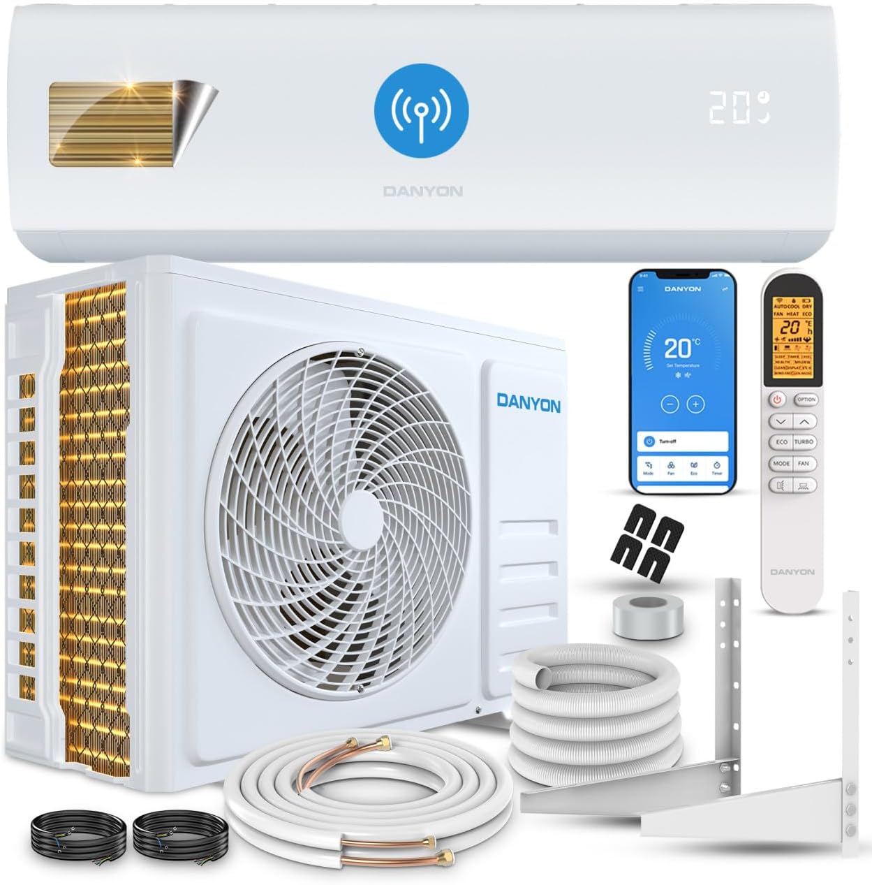 Danyon Klimaanlage Split - 12000 BTU - 3,4 kW, Selbstreinigung, leise, Smart Home, Inverter Klimagerät mit Heizfunktion, Splitgerät vorgefüllt mit R32 Kältemittel, Timer, bis 59 m2, 5m Komplettset