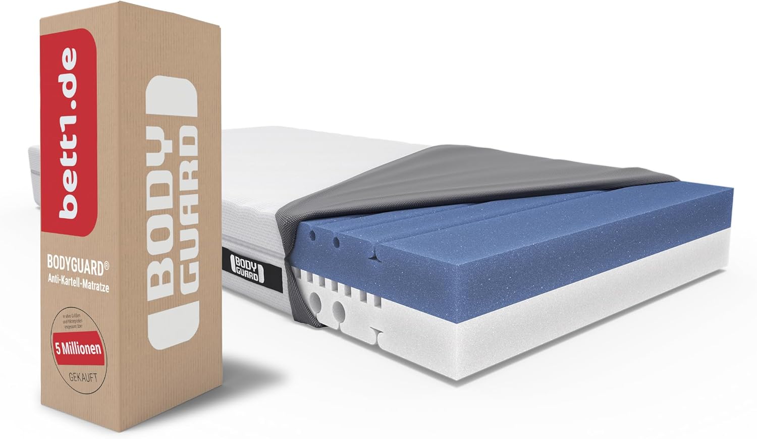 Bodyguard bett1 Anti-Kartell-Matratze | Testsieger Stiftung Warentest: Note 1,6 (Test 2/2024, mittelfest & Fester, 90x200 cm, 2in1 Härtegrade, Bezug waschbar bis 60 Grad, Oeko-TEX 100, QXSchaum)