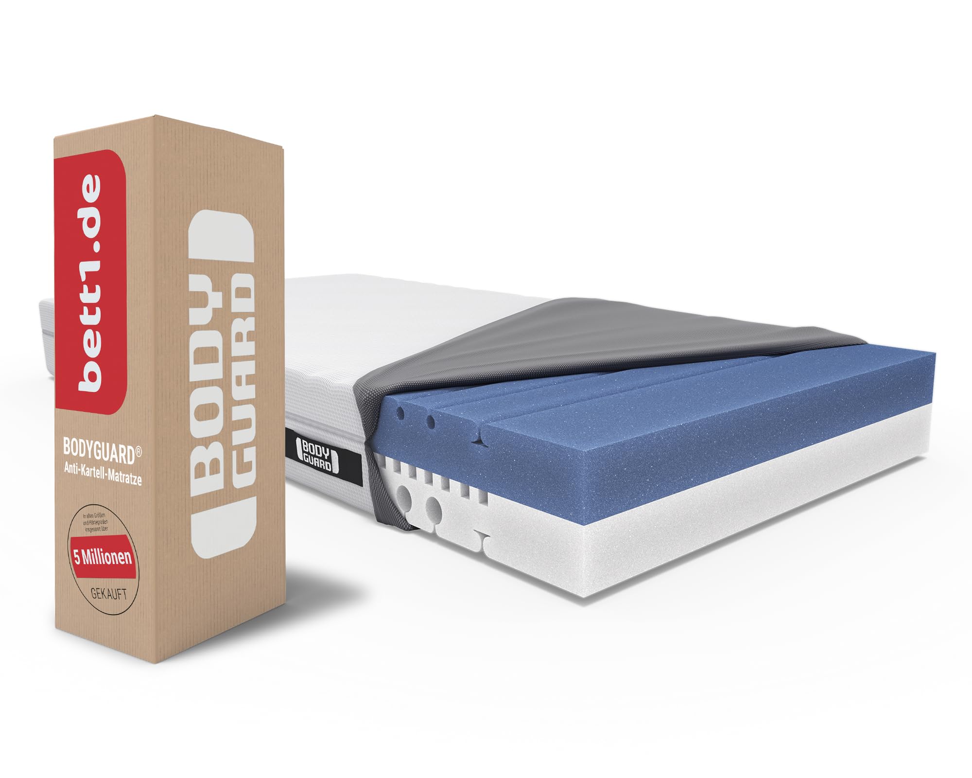 Bodyguard bett1 Anti-Kartell-Matratze | Testsieger Stiftung Warentest: Note 1,6 (Test 2/2024, mittelfest & Fester, 90x200 cm, 2in1 Härtegrade, Bezug waschbar bis 60 Grad, Oeko-TEX 100, QXSchaum)